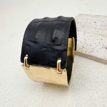 Leather Bracelet for Women Black Leather Golden Bracelet Bangle Chunky Leather Wrap Bracelet for Women Statement Jewelry Gift - style: Genuine Leather Bracelet-Gold