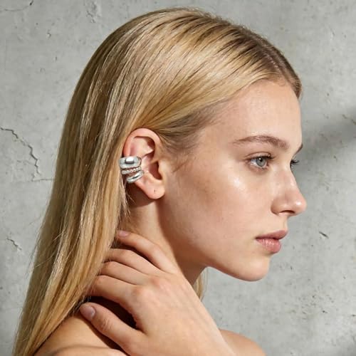 3 Pcs Ear Cuffs for Women Non Piercing Earrings Set 14K Gold/Silver Plated Ear Cuff for Non Pierced Ears Chunky Thin Clip On Earring Fake Earrings - color: Silver