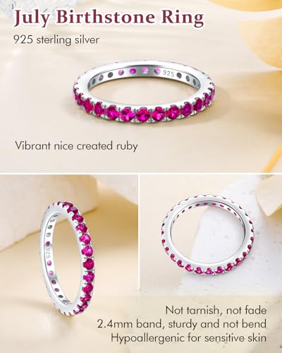 DAYBYDAY Sapphire/Emerald/Ruby Full Eternity Band Rings for Women, 2.4mm Thin Birthstone Stackable Rings, 925 Sterling Silver/14K Gold Plated Gemstone Wedding Band Anniversary Ring Size 6 to 10 - color: 07. Red Ruby, July