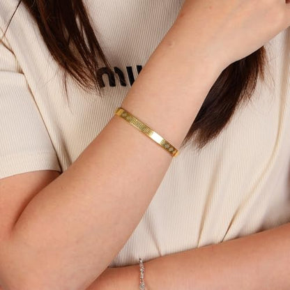 4/6/8MM Greek Key Meander Bracelet Oval Stainless Steel Bangle Cuff Gifts for Women Men - color: Gold, size: 6mm