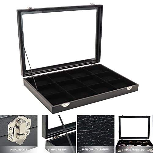 Wudygirl Bracelet Organizer Leather Jewelry Tray with Lid 13.7"x9.4" Black | 12 Grid Jewelry Organizer with Velvet Liner, Ideal for Jewelry Storage, Dresser Drawer or Gift, Dustproof Design - style: 12 Grid Tray