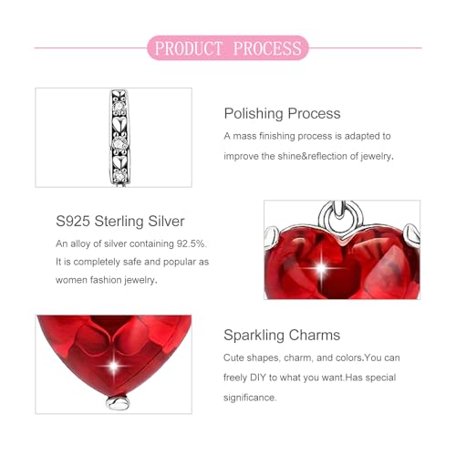 S925 Sterling Silver Cute Bead Charm for Pandora Bracelets and Necklaces | Lucky Clover Cute Animal Pink Bow Cherry Butterfly Pendant Bead Charms Jewelry Making Gifts for Women Valentines Mother's Day - style: Red Romantic Heart Charm