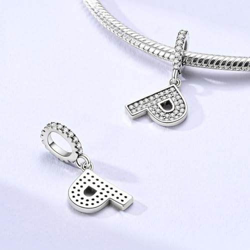 Hapour Letter 925 Sterling Silver Charm with Cubic Zirconia Alphabet A-Z Initial Dangle Charms Beads Pendent DIY Jewelry for Bracelets Necklace - color: P