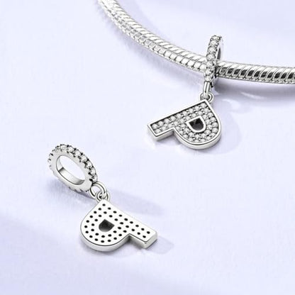 Hapour Letter 925 Sterling Silver Charm with Cubic Zirconia Alphabet A-Z Initial Dangle Charms Beads Pendent DIY Jewelry for Bracelets Necklace - color: P