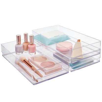 STORi SimpleSort 3-Piece Stackable Clear Drawer Organizer, 12" x 6" x 2" | Rectangle Trays, Wide Makeup Vanity Storage Bins, Office Desk Drawer Dividers, Made in USA - size: 12x6x2"