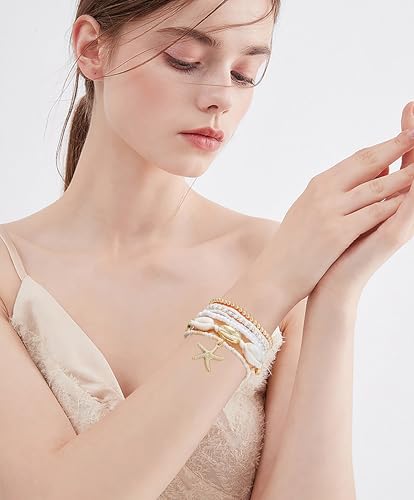 LALAPPLE Shell Bracelet Boho Beaded Stretch Bracelets for Women Seashell Strand Bracelets Starfish Charm Jewelry Summer Beach Jewelry Stackable Crystal Gold Plated Beads Bracelet for Women - style: Style4
