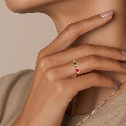 WFYOU Gold Birthstone Rings for Women - Non Tarnish Dainty 14K Gold Plated Stackable CZ Rings for Her & Couples - Personalized Jewelry Gift for Birthday - color: 1-3.January(Garnet)-March(Aquamarine)