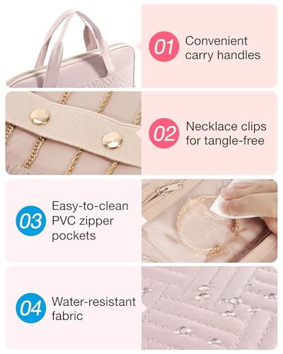 BAGSMART Travel Jewelry Case, Hanging Roll Jewelry Bag with Zipper Pockets Jewelry from Oxidation, Large Capacity for Earrings, Necklaces, Rings on Closet, Wall, Door, Portable Travel Essentials, Pink - color: Pink