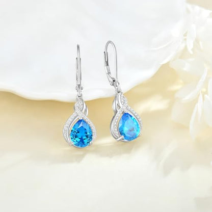 925 Sterling Silver Infinity Teardrop Earrings for Women | Lwsary Dangle Drop Leverback Earrings, Pear Shaped Birthstone Jewelry for Her - color: Blue