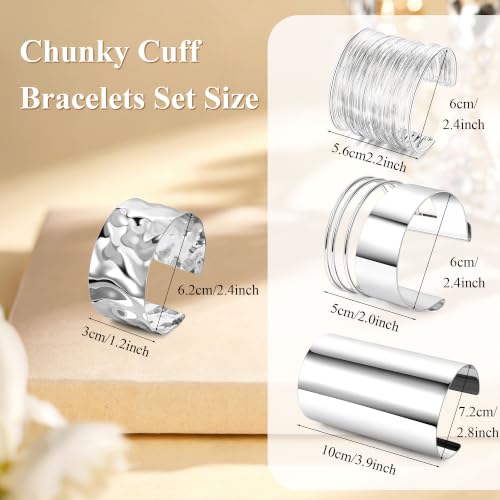 4PCS Chunky Cuff Bracelets Set for Women Hammered Chunky Bracelets Adjustable Open Wide Wire Bracelets Irregular Minimalist Coil Bangle Set Gold Silver Upper Arm Punk Jewelry - color: Silver B