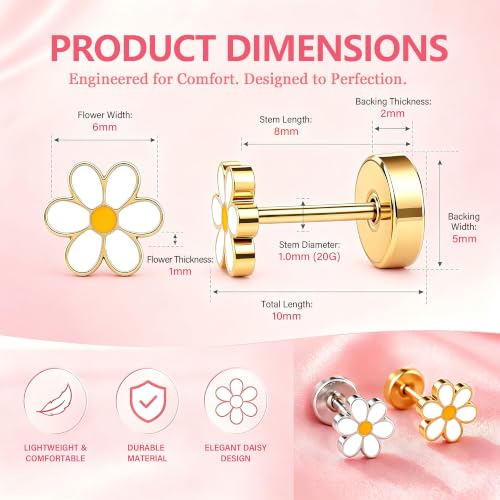 Hypoallergenic Daisy Studs Earrings for Women,18K Gold Plated Surgical Stainless Steel Flat Back Flower Earrings for Sensitive Ears,20G Post Screw Back Cartilage Helix Piercing Jewelry - color: Gold