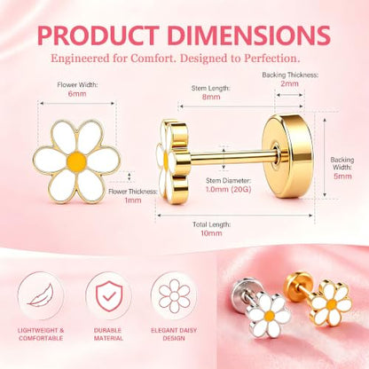 Hypoallergenic Daisy Studs Earrings for Women,18K Gold Plated Surgical Stainless Steel Flat Back Flower Earrings for Sensitive Ears,20G Post Screw Back Cartilage Helix Piercing Jewelry - color: Gold
