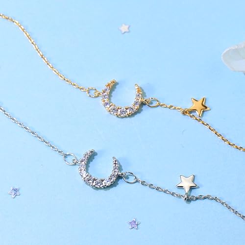 SUYACS 925 Sterling Silver Star Moon Bracelets for Women Mom | Dainty 14K Gold Plated Crescent CZ Link Bracelet Lucky Friendship Charm Chain Jewelry Birthday Gifts for Daughter Friends - color: Gold