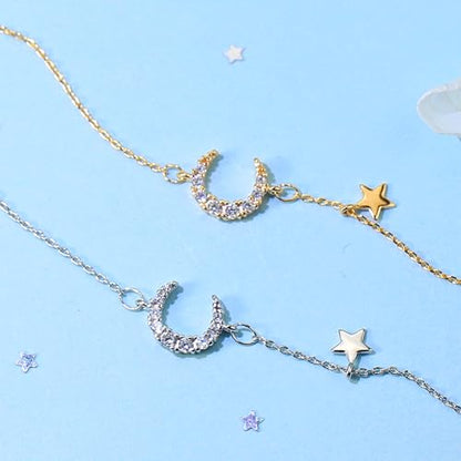 SUYACS 925 Sterling Silver Star Moon Bracelets for Women Mom | Dainty 14K Gold Plated Crescent CZ Link Bracelet Lucky Friendship Charm Chain Jewelry Birthday Gifts for Daughter Friends - color: Gold