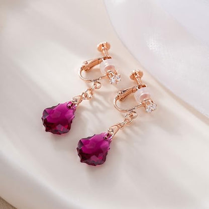 Austrian Crystal Baroque Drop Clip On Dangle Earrings for Women Non Pierced 14K Rose Gold Plated Hypoallergenic Jewelry - color: Fuchsia