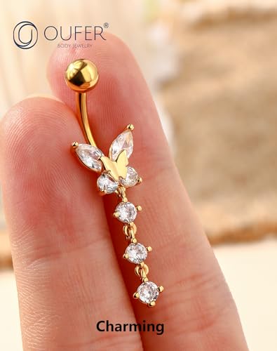 OUFER Gold Belly Button Ring, 14G Butterfly Dangle Belly Button Piercing, Pave Clear CZ Belly Rings, 316L Surgical Steel Navel Belly Piercing Jewelry For Women - style: CZ Dangle