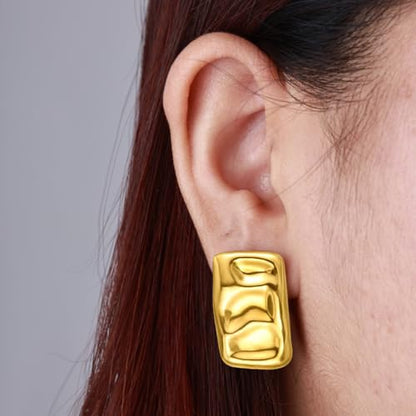Geometric Rectangle Gold Plated Stud Earrings Irregular Hammered Chunky Statement Square Earrings for Women Trendy - color: Gold Rectangle 2Pairs