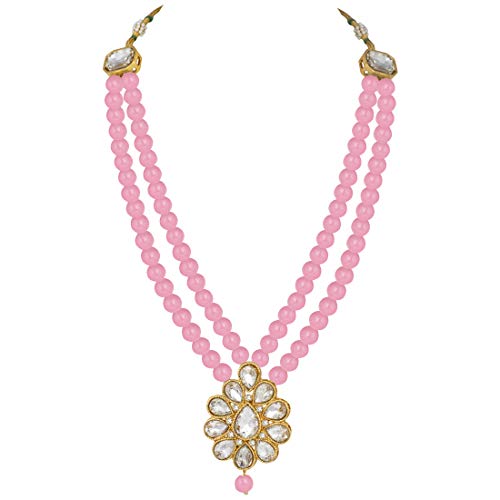 Aheli Wedding Faux Kundan Pendant Beaded Necklace Earrings Set Bollywood Indian Bharatanatyam jewellery set Gift for Women - color: Pink