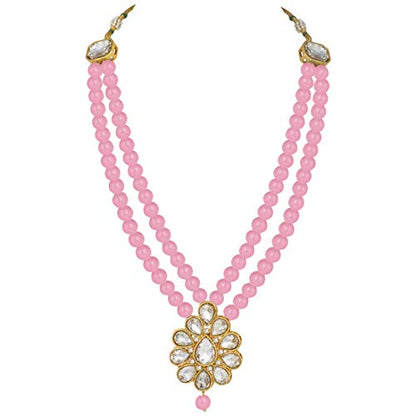Aheli Wedding Faux Kundan Pendant Beaded Necklace Earrings Set Bollywood Indian Bharatanatyam jewellery set Gift for Women - color: Pink