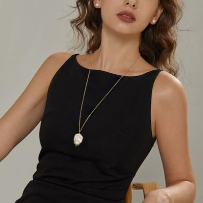 PEARLADA 18k Gold Plated Chain Long Necklace, Boho Sweater Necklace for Women, Geometric Pendant Y Necklace - color: Baroque Pearl