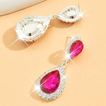 Catery Crystal Wedding Earrings Silver Rhinestone Ear Rings Teardrop Bridal Ear Jewelry for Brides and Women - color: Hot Pink