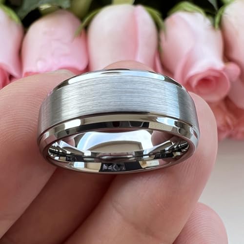 TUTISS 6mm 8mm Tungsten Rings for Men Women Fashion Engagement Wedding Bands Brushed Finish Stepped Beveled Edges Comfort Fit - color: 8mm Silver Tungsten
