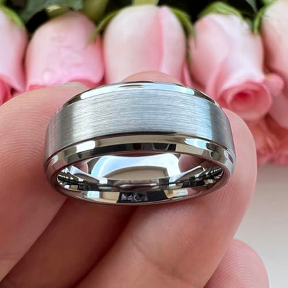TUTISS 6mm 8mm Tungsten Rings for Men Women Fashion Engagement Wedding Bands Brushed Finish Stepped Beveled Edges Comfort Fit - color: 8mm Silver Tungsten