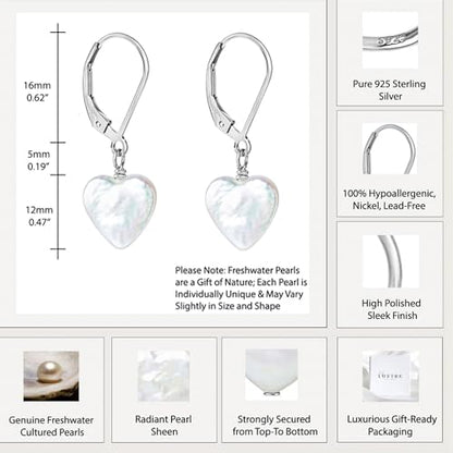 LILY LUSTRE 14k Gold Plated/Filled 925 Sterling Silver Handpicked AAAA Quality Natural White Freshwater Cultured Heart Shaped Pearl Huggie Hoop/Leverback Drop Dangle Earrings for Women - color: Silver Lever Back