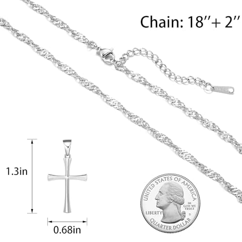 Small Cross Pendant Necklace for Women, 18" + 2" Wave Chain Stainless Steel - color: Silver