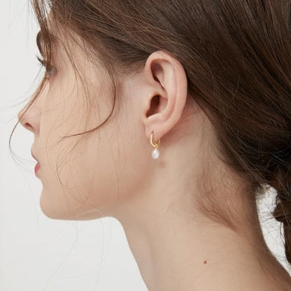 Robaice Pearl Earrings for Women, 14K Gold Plated Dangle Drop Earrings | Small Pearl Drop Huggie Hoop Earrings, Hypoallergenic Dainty Gold Earrings, Wedding Jewelry Gifts for Women Trendy - style: irregular pearl earrings