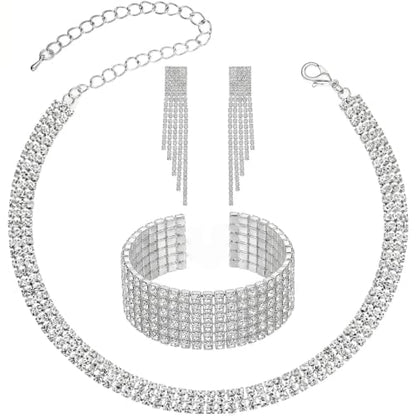 Crystal Silver Jewelry Set - 3 Pcs Dainty Rhinestone Necklace Bracelet and Tassel Dangle Earrings Sets for Brides Bridesmaids Bridal Party Prom Accessories