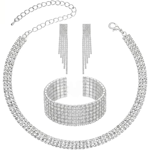 Crystal Silver Jewelry Set - 3 Pcs Dainty Rhinestone Necklace Bracelet and Tassel Dangle Earrings Sets for Brides Bridesmaids Bridal Party Prom Accessories