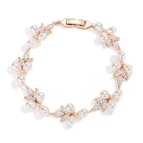 EVER FAITH Cubic Zirconia Pearl Bridal Prom Tennis Bracelet for Women | Elegant Pear CZ Wedding Jewelry Gift, for Bride Bridesmaid - style: Leaf_Rose Gold-Plated-Brass