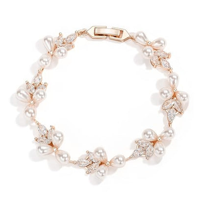 EVER FAITH Cubic Zirconia Pearl Bridal Prom Tennis Bracelet for Women | Elegant Pear CZ Wedding Jewelry Gift, for Bride Bridesmaid - style: Leaf_Rose Gold-Plated-Brass