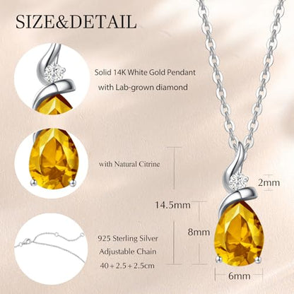 FANCIME 14K Solid White Gold Birthstone Pendant Necklace for Women with Diamond Pear Shaped Teardrop Necklace Birthday Gifts for Mom Women,Sterling Silver Chain 16" + 2" Extender - color: 11-Citrine