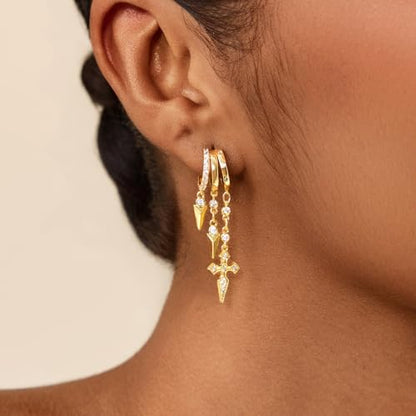 Cicy Bell Gold Earrings For Women 18k Gold Plated Triple Dangle Earrings | Hypoallergenic Drop Huggie Earrings Small Hoop Statement Chain Tassel Earrings Trendy Jewelry Gifts - color: Style B-Gold