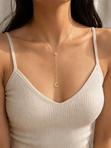 14K Gold Plated Initial Y Necklace for Women,CZ Letter Lariat Necklace | Dainty Long Necklace Y-Shaped Drop Letter Pendant Adjustable 16.5"+2" Long Chain Shiny CZ Trendy Jewelry Gift For Her - color: C