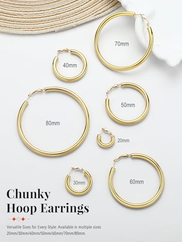 FaithHeart Silver/Black/Gold Stainless Steel Chunky Hoop Earrings for Women | Hypoallergenic Lightweight Hoop Earrings, Trendy Statement Thick Hoop, 20/30/40/50/60/70/80mm - color: Gold, size: 20mm