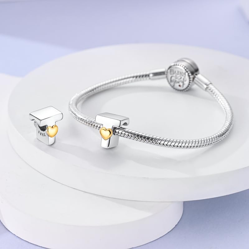 Women 925 Sterling Silver Charms A-Z Heart Letters Beads Pendant for Bracelets Women Fit Pandora Bracelets Hypoallergenic Beads - color: T