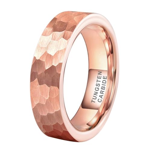 TUTISS 6mm 8mm Silver/Black/Gunmetal/Gold/Rose Gold Hammered Tungsten Rings for Men Women Couple Fashion Jewelry Engagement Wedding Bands Matte Finish Comfort Fit - color: 6mm Rose Gold Tungsten