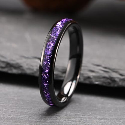 Tungsten Rings for Men and Women 8mm/4mm Men’s Wedding Bands | 8mm Black Inlaid Purple Galaxy Opal Fashion High Polished Suitable for engagement and anniversary parties comfortable fit - color: 4mm black and purple
