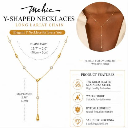 Mchic Gold Necklace for Women Dainty Long Lariat Necklace 18K Gold/Silver Plated Y-Shaped Pendant Necklaces Minimalist Layered Drop Necklaces Trendy Jewelry Gift - color: Gold3