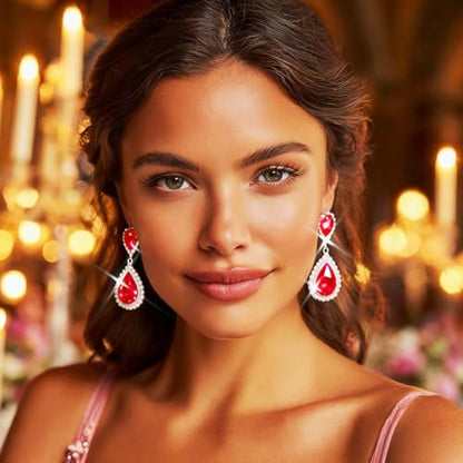 Unicra Silver Rhinestone Teardrop Earrings Crystal Wedding Bridal Dangle Earrings Prom Drop Earrings for Women and Brides - color: Red