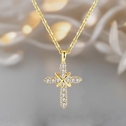 Gold Plated Pendant Necklaces for Women Cubic Zirconia Accent 18 Inch Adjustable Chain Hypoallergenic Gift for Wife Mom Birthday Valentines Day - style: CZ cross