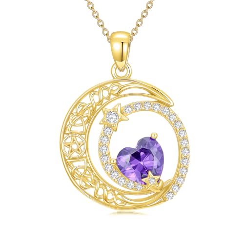 Midari 18K Yellow Gold Sun Moon Star Pendant Rose Flower Necklaces I Love You Forever Sun Moon Jewelry Gift for Mother Women - color: 02-Feb-Amethyst, style: Moon&Star