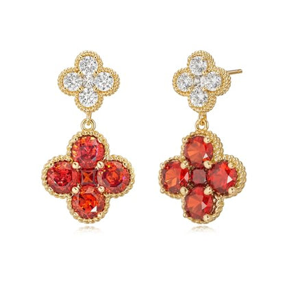 MTMY Dangle Earrings for Women 14K Gold Plated Four Leaf Clover Dangling Drop Birthstone Stud Earrings Trendy Flower Birthstone Jewelry Birthday Gifts - style: Jan.-Garnet