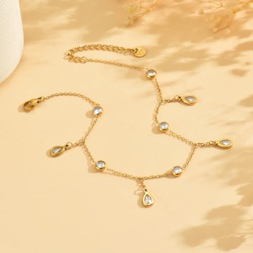 Gold Ankle for Women 18K Gold Plated Tennis Sapphire Paperclip Pearl Sequin Droplet Lip Link Chain Large Anklet Bracelets Simple Beach Summer Waterproof Foot Jewelry - color: Droplet CZ-Gold
