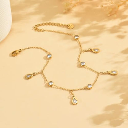 Gold Ankle for Women 18K Gold Plated Tennis Sapphire Paperclip Pearl Sequin Droplet Lip Link Chain Large Anklet Bracelets Simple Beach Summer Waterproof Foot Jewelry - color: Droplet CZ-Gold