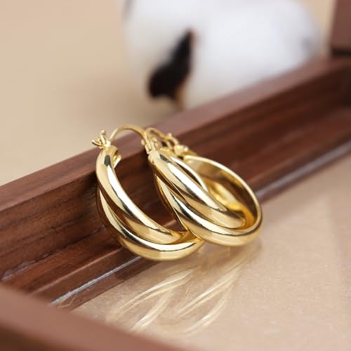 Chunky Large Gold Puffy Open Hoop Earrings for Women,Trendy Statement Big Minimalist Wavy Huggie Earing Prom Jewelry Gift - color: Double
