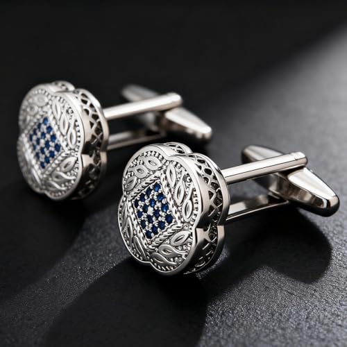 Men's Cufflink Set, Silver with Blue Zircon, Comes with a Gift Box, Can be Used as Accessories and Gifts. Add Color to your Clothes.